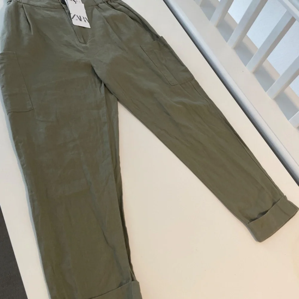 ❤️ Zara Baggy Linen Blend Olive Green Ankle Pants Size 4
